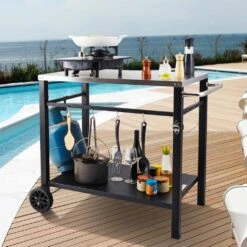 Outdoor Grill Cart With Double-Shelf BBQ Movable Food Prep Table Multi-Functional Stainless Steel Table Top -Vevor vevor grill carts jshwbctc855512mjnv0 31 1000