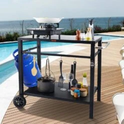 Outdoor Grill Cart With Double-Shelf BBQ Movable Food Prep Table Multi-Functional Iron Table Top -Vevor vevor grill carts jshwbctc85551fx8bv0 31 1000