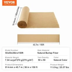 Burlap Fabric Roll, 36 In. X 150 Ft. And 50 X 50 High Density Wide Natural Burlap Fabric Rolls, Cabinet Type Accessory -Vevor vevor landscape fabric cmbj36inches3tqmtv0 76 1000