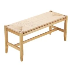 Rattan Bench, 40 In. Wooden Rattan Bench, Entryway Bench With Oak Wood Legs, Bedroom End Of Bed Boho Bench