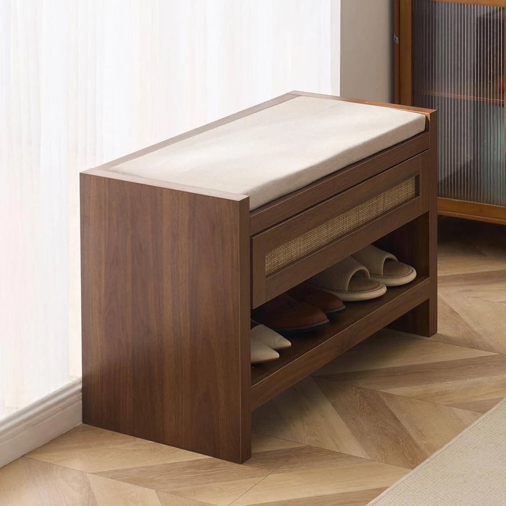 Rattan Bench, 30.9 In. Rattan Shoe Bench, Entryway Bench With Storage Drawer, Chairs With White Cushion, Wood, Brown 10 Rattan Bench, 30.9 In. Rattan Shoe Bench, Entryway Bench With Storage Drawer, Chairs With White Cushion, Wood, Brown - Image 8