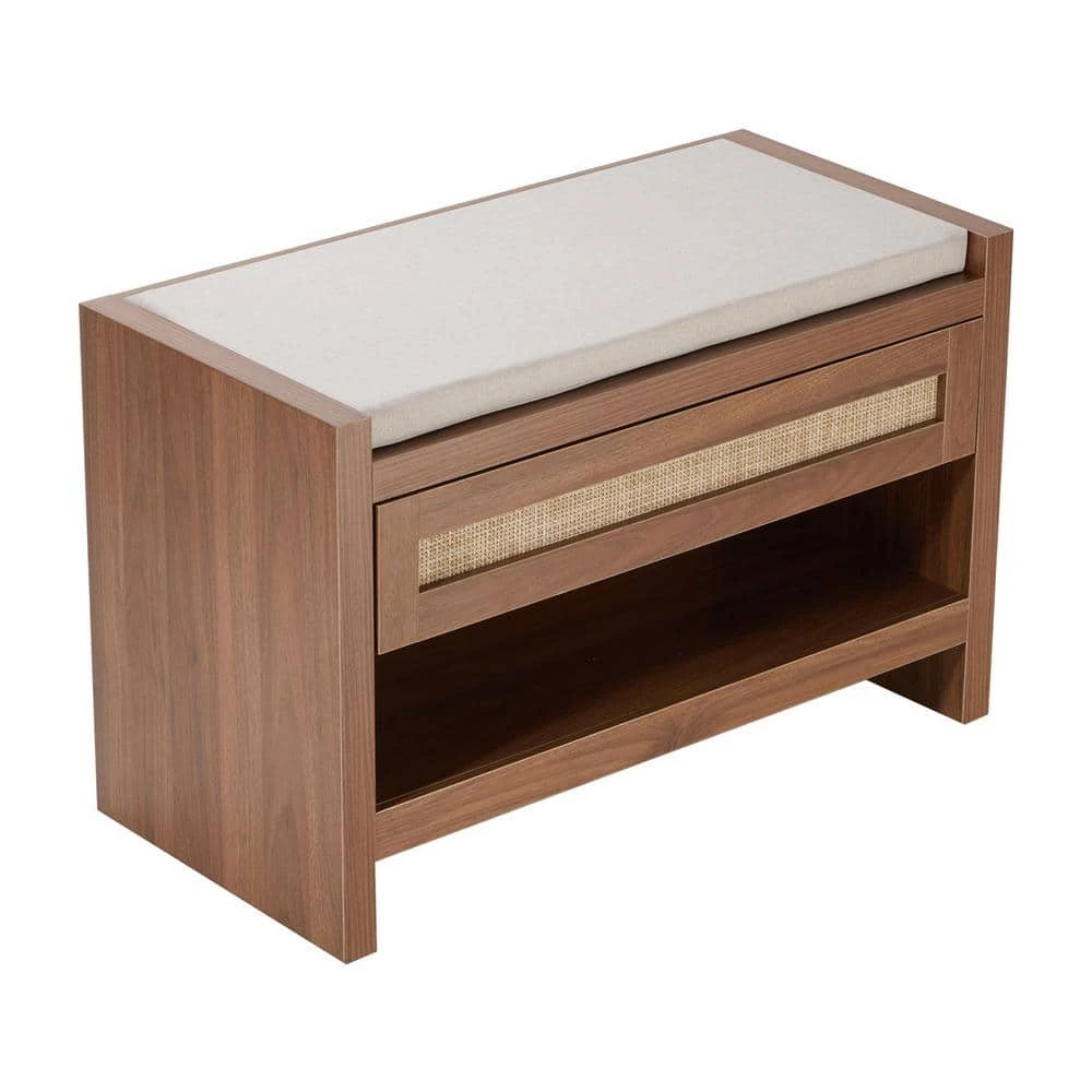 Rattan Bench, 30.9 In. Rattan Shoe Bench, Entryway Bench With Storage Drawer, Chairs With White Cushion, Wood, Brown 3 Rattan Bench, 30.9 In. Rattan Shoe Bench, Entryway Bench With Storage Drawer, Chairs With White Cushion, Wood, Brown