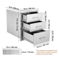 18 In. W X 23.2 In. H X 23.1 In. D Outdoor Kitchen Stainless Steel Triple BBQ Access Drawers With Chrome Handle -Vevor vevor outdoor kitchen drawers 18x23yc3cbxgctg01v0 76 1000