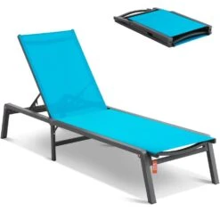 Chaise Lounge Chair Outdoor, Aluminum Patio Lounge Chair With Adjustable 5-Position, Folding Pool Lounge Chair, Blue