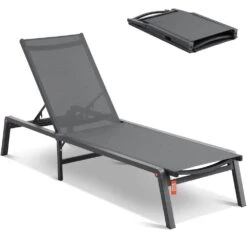 Chaise Lounge Chair Outdoor, Aluminum Patio Lounge Chair With Adjustable 5-Position, Folding Pool Chair, Dark Grey