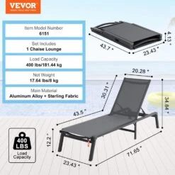 Chaise Lounge Chair Outdoor, Aluminum Patio Lounge Chair With Adjustable 5-Position, Folding Pool Chair, Dark Grey -Vevor vevor outdoor lounge chairs jstygdtyshskfzgt3v0 76 1000