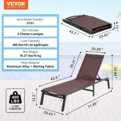 Chaise Lounge Chairs Outdoor, Aluminum Patio Lounge Chairs With Adjustable 5-Position, Folding Chairs, Brown, 2-Piece -Vevor vevor outdoor lounge chairs jstygdtyzskz22e76v0 76 1000