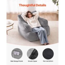Bean Bag Chair, Plastic, Bean Bag Sofa Chair, High-Density Foam Filling, Outdoor Rocking Chair With Cushion, Grey -Vevor vevor outdoor rocking chairs fsyxcrddy45448awfv0 44 1000