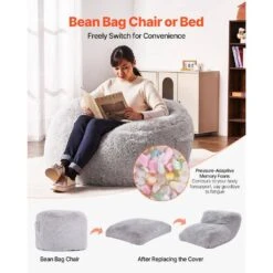 Bean Bag Bed Chair, Plastic, Convertible Chair From Bean Bag To Lounge, Outdoor Rocking Chair With Cushion, Grey -Vevor vevor outdoor rocking chairs kzhcrddyqueekd2vmv0 4f 1000