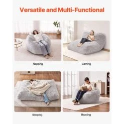 Bean Bag Bed Chair, Plastic, Convertible Chair From Bean Bag To Lounge, Outdoor Rocking Chair With Cushion, Grey -Vevor vevor outdoor rocking chairs kzhcrddyqueekd2vmv0 fa 1000