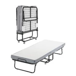 Rollaway Bed, Black Metal Frame, Outdoor Rocking Chair With White Cushion, 31 X 75 In. Folding Bed With 4 In. Mattress
