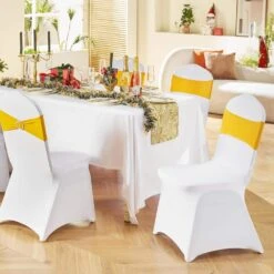 50 Set Stretch Spandex Folding Chair Covers With Chair Sashes Removable Washable Protective Slipcovers, Gold & White -Vevor vevor patio chair covers ytzsdzkzsdtzmtdkdv0 31 1000