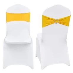50 Set Stretch Spandex Folding Chair Covers With Chair Sashes Removable Washable Protective Slipcovers, Gold & White