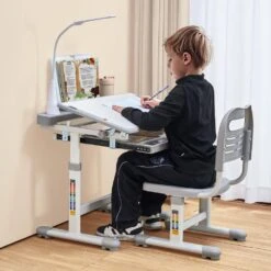 Kids Study Chair And Desk Set, Study Desk And Chair For Kids With Table Lamp, Adjustable Height And 0-40° Tilted -Vevor vevor patio dining tables etxxzydtdk20dtxrhv9 31 1000