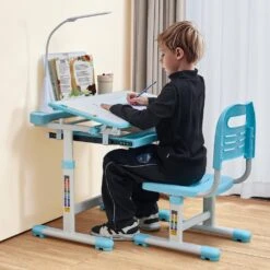 Kids Study Chair And Desk Set, Study Desk And Chair For Kids With Table Lamp, Adjustable Height And 0-40° Tilted Desktop -Vevor vevor patio dining tables etxxzydtdk20k0wtbv9 31 1000