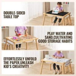 Sensory Table And Chairs Set, Toddlers Activity Table W/2 Stools 2 Storage Bins And Paper Roll Holder, Play Sand, Wooden -Vevor vevor patio dining tables ggzzdzhk2129za1kcv0 4f 1000