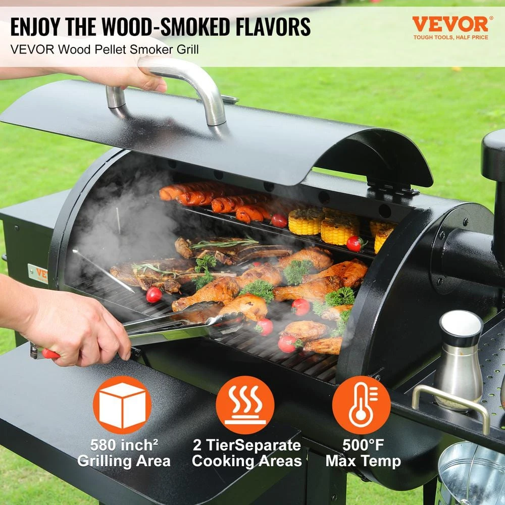 Pellet Smoker 580 Sq. In. Portable Wood Pellet Grill With Cart 8 In 1 BBQ Grill, Black 4 Pellet Smoker 580 Sq. In. Portable Wood Pellet Grill With Cart 8 In 1 BBQ Grill, Black - Image 2
