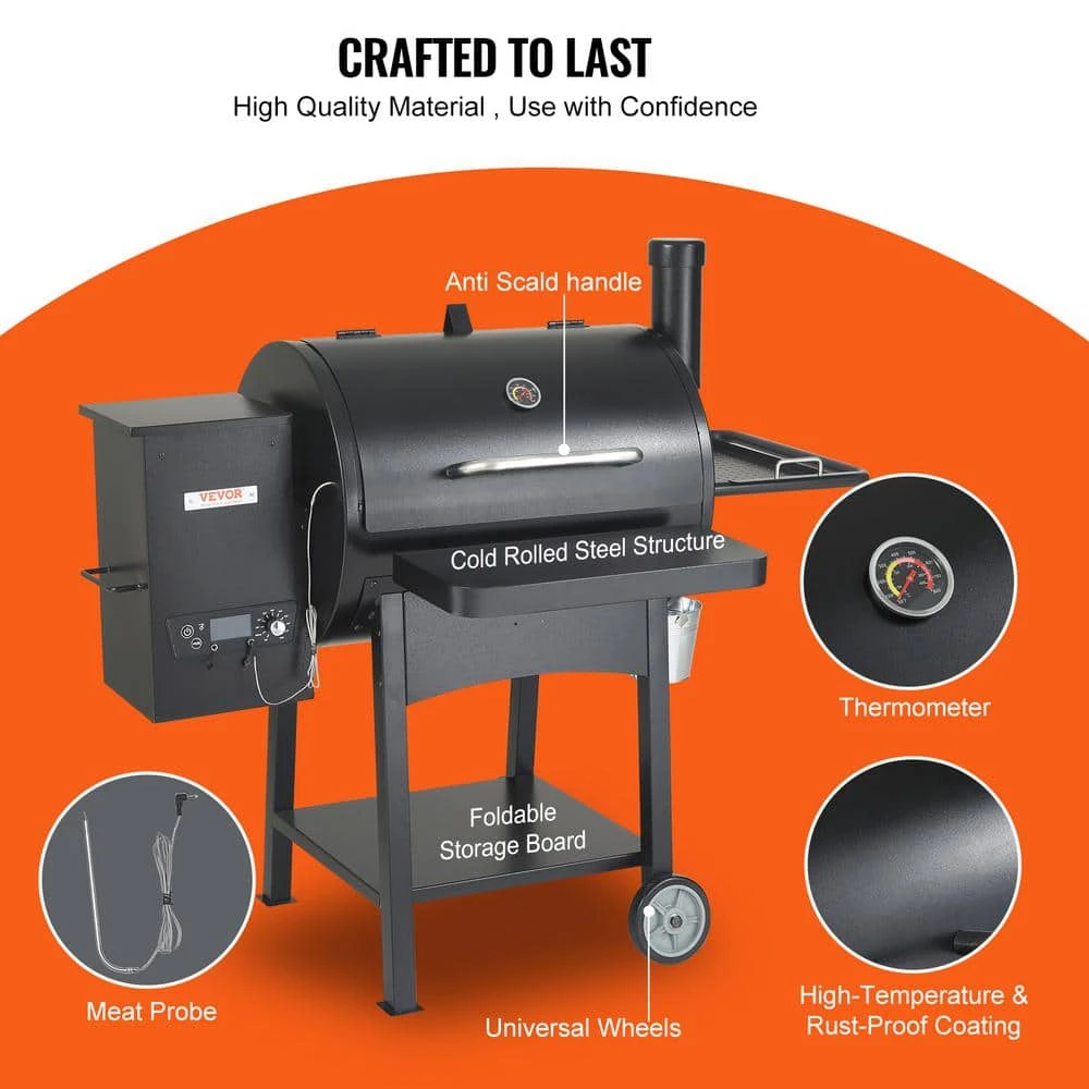 Pellet Smoker 580 Sq. In. Portable Wood Pellet Grill With Cart 8 In 1 BBQ Grill, Black 8 Pellet Smoker 580 Sq. In. Portable Wood Pellet Grill With Cart 8 In 1 BBQ Grill, Black - Image 6