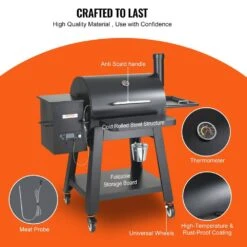 Pellet Smoker 740 Sq. In. Portable Wood Pellet Grill With Cart 8-In-1 BBQ Grill, Black -Vevor vevor pellet grills w73020160500ftz9yv1 fa 1000