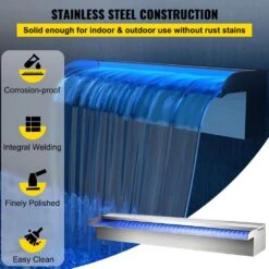 Pool Fountain Stainless Steel 23.6 In. W X 4.5 In. D X 3.1 In. H Pool Waterfall With LED Strip Light Waterfall Spillway -Vevor vevor pond accessories pqsbjpjswled60001v1 4f 1000