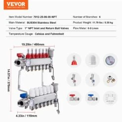 6-Branch Radiant Heat Manifold,1/2 In. PEX Tubing Manifold, Stainless Steel PEX Manifold, Radiant Heat PEX Manifold Kit -Vevor vevor pool controls drfsqbxg6hl0x0yq9v0 76 1000