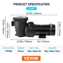 Pool Pump 5280GPH 2HP 115V Single Speed Swim Pool Filtre Pump 1500-Watt Self Primming W/ Strainer Basket 4 Pipe Fittings -Vevor vevor pool pumps d2hp90gpm110v1zfmv1 76 1000