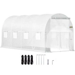 Walk-in Tunnel Greenhouse 7 Ft. W X 15 Ft. D X 7 Ft. H Portable Plant Greenhouse With 1 Top Beam, Diagonal Poles, White