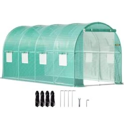 Walk-in Tunnel Greenhouse 15 Ft. D X 7 Ft. W X 7 Ft. H Portable Plant Greenhouse With Door & 8 Roll-up Windows, Green