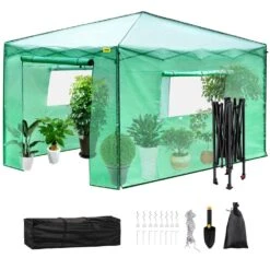 12 Ft. X 8 Ft. X 8 Ft. Pop-Up Greenhouse PE Cover And Steel Construction Walk-in Greenhouse With Doors And Windows