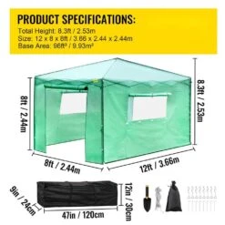 12 Ft. X 8 Ft. X 8 Ft. Pop-Up Greenhouse PE Cover And Steel Construction Walk-in Greenhouse With Doors And Windows -Vevor vevor portable greenhouses zdbxshyw 128814r5v0 76 1000