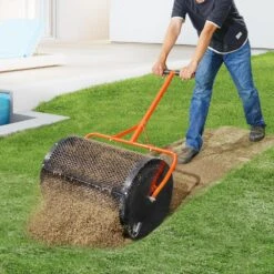 Compost Spreader Peat Moss Spreader,24 In. Roller Lawn Spreader With Height Adjustable T Handle, Steel Spreader, Black -Vevor vevor pull behind spreaders gtsbjh224inchlsn9v0 31 1000