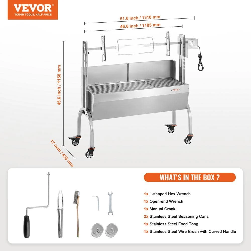 Rotisserie Grill With Windscreen, BBQ Whole Charcoal Spit Grill, 46 In. 132 Lbs. Capacity, Electric 52 Watt Roaster 9 Rotisserie Grill With Windscreen, BBQ Whole Charcoal Spit Grill, 46 In. 132 Lbs. Capacity, Electric 52 Watt Roaster - Image 7