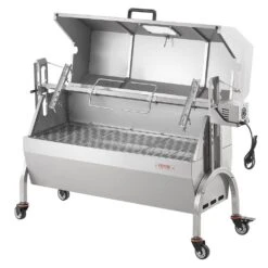 Rotisserie Grill With Hooded Cover, BBQ Whole Charcoal Spit Grill, 46 In. 132 Lbs. Capacity, Electric 52-Watt Roaster