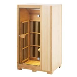 Far Infrared Wooden Sauna 1-Person Indoor Hemlock Sauna Infrared Sauna Spa With Tempered Glass Door 1140Watt Indoor Use