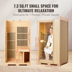 Far Infrared Wooden Sauna 1-Person Indoor Hemlock Sauna Infrared Sauna Spa With Tempered Glass Door 1140Watt Indoor Use -Vevor vevor saunas yhwmzsnf1rts0o3nlv1 fa 1000