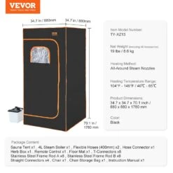 Portable Steam Sauna Tent 1-Person Indoor Metal Frame Material Portable Sauna 1600-Watt With Visible Window, Black -Vevor vevor saunas zqbxssn1600w7nbqqv1 76 1000