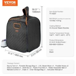 Portable Steam Sauna Tent 1-Person Indoor Metal Frame Material Portable Sauna 1200-Watt With Chair And Storage Bag Black -Vevor vevor saunas zqbxssnbss10kt48lv1 76 1000