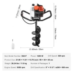 Post Hole Digger, 43cc 1250W Auger Post Hole Digger, Gas Powered Earth Digger With 8 In. Earth Auger Drill Bit -Vevor vevor specialty garden tools rylxzg43cc10853buv0 v0812 76 1000
