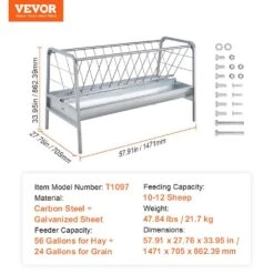 Livestock Hay Feeder, 2 In 1 Grain And Hay Feeder, 80-Gal. Capacity Pasture Feeder, 59 In. Long Goat Hay Feeder -Vevor vevor specialty garden tools scwsq5919633ey63vv0 76 1000