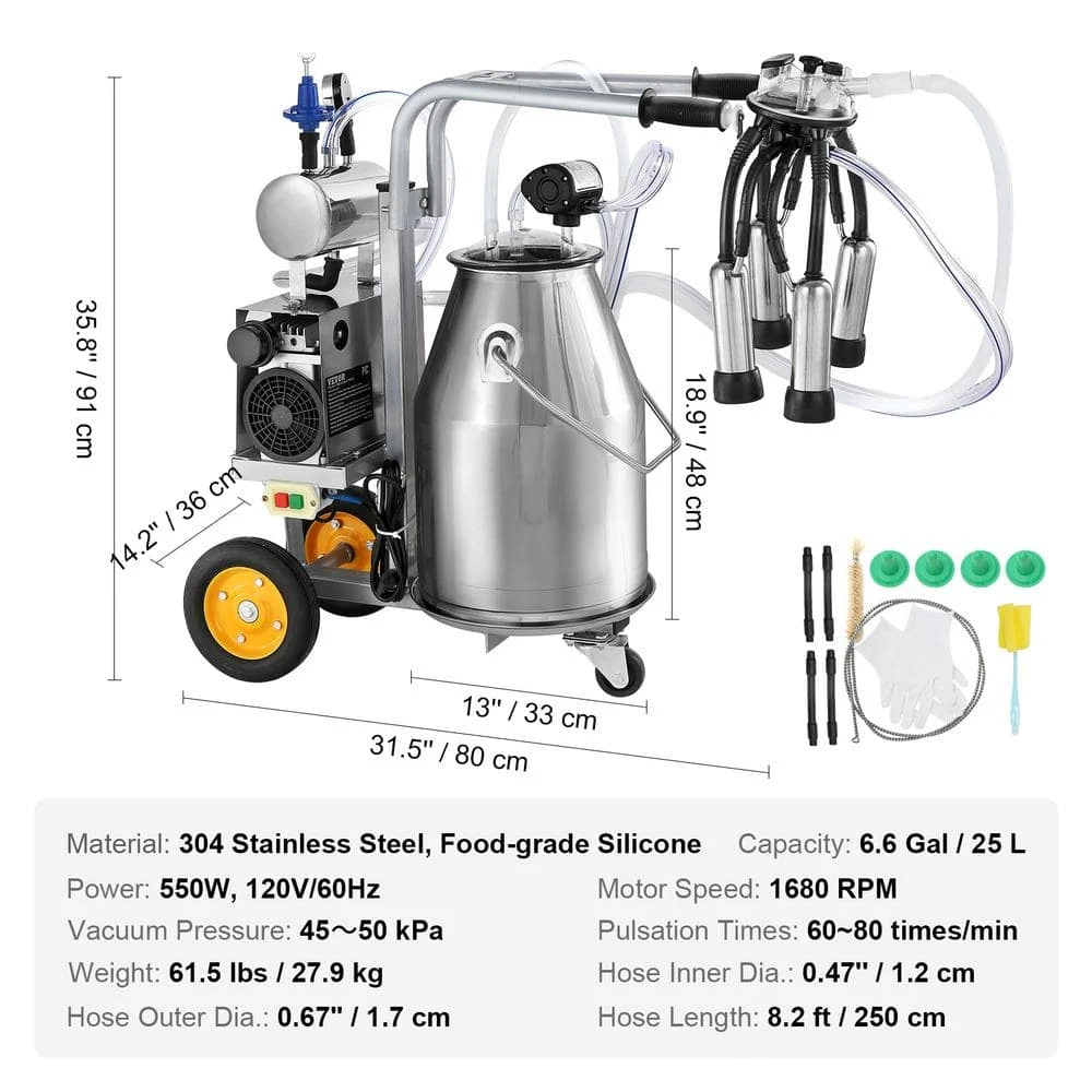 Electric Cow Milking Machine 6.6 Gal. Stainless Steel Bucket, Automatic Pulsation Vacuum Milker Portable Milker 9 Electric Cow Milking Machine 6.6 Gal. Stainless Steel Bucket, Automatic Pulsation Vacuum Milker Portable Milker - Image 7