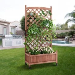 Wood Planter 30 In. X 13 In. X 61.4 In. Outdoor Raised Garden Bed With Trellis Free-Standing Trellis Planter Box -Vevor walnut raised planter boxes z75x31x150cm1shu1v0 31 1000