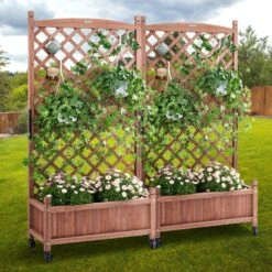 2-Pieces Wood Planter With Trellis Outdoor Raised Garden Bed 60 In. X 13 In. X 61.4 In. Standing Trellis Planter Box -Vevor walnut vevor raised planter boxes z75x31x150cm2k2nrv0 31 1000