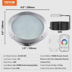 12-Volt LED Pool Light 10 In. 40-Watt RGBW Color Changing Inground Swimming Pool Spa Light Underwater Remote Control -Vevor white vevor pool lights mdsycd12v50ylkq3dv9 76 1000